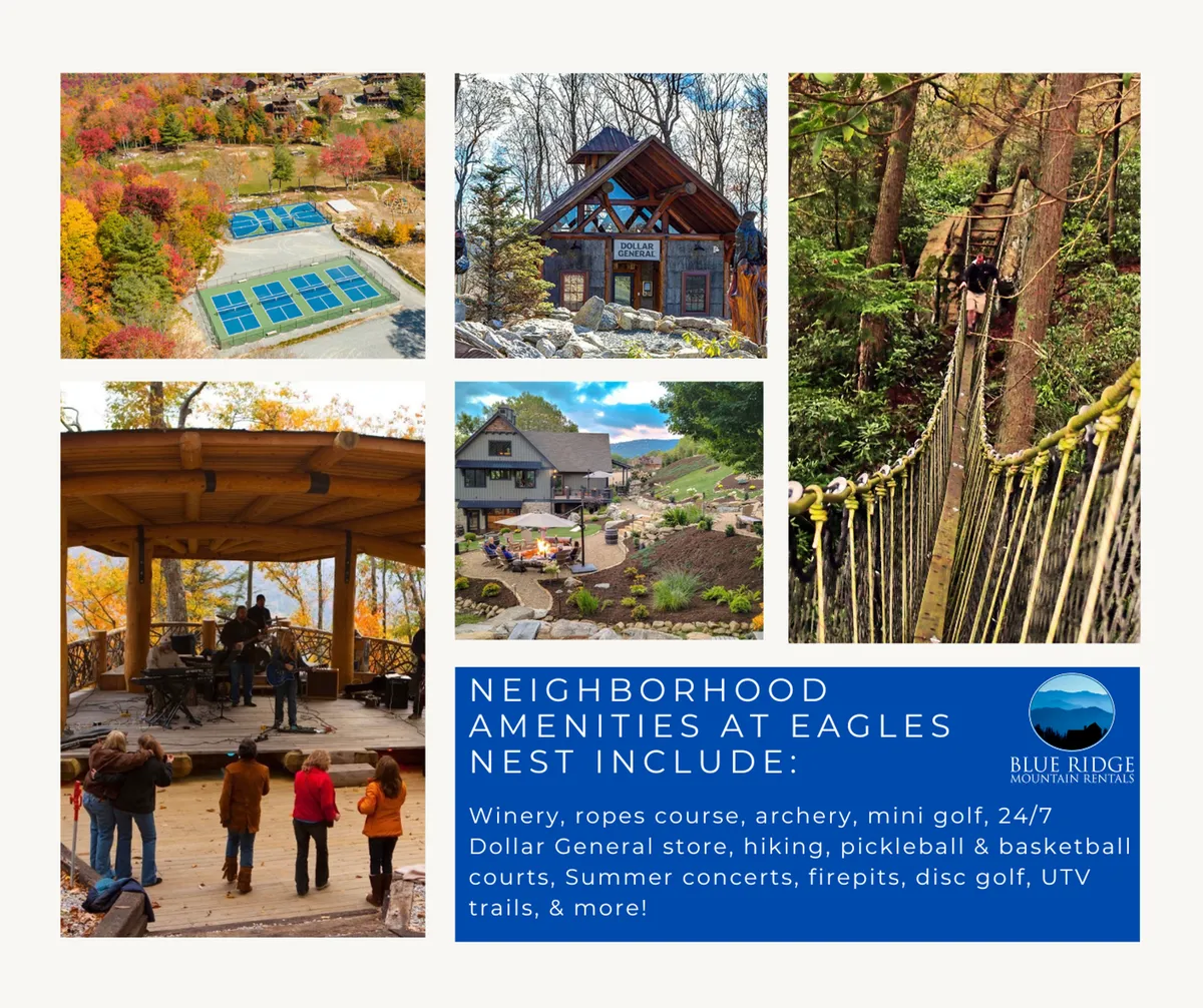 A lively exterior scene capturing a vibrant community area featuring families engaged in activities like mini golf, ropes course, archery, and enjoying live music at the concert stage. The area is surrounded by vineyards and nature trails, with groups gathered by a central firepit, all set against a backdrop of scenic greenery.